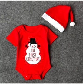 Resim Yılbaşı Noel Christmas Temalı Organik Bebek Body Şapka Takımı 6-9 Aylık Kırmızı 