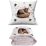 Resim Yeniyıl Sevimli Kedicik Baskılı Tv Battaniyeli Opsiyonel Dekoratif Yastık Kırlent 