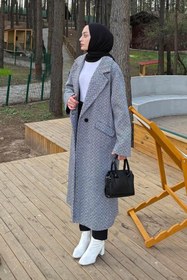 Resim lamelif Balıksırtı Desen Bağlama Detaylı Kaban Gri 