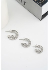 Resim Kadın 316 L Paslanmaz Çelik Yıldız Detaylı Baget Zirkon Taşlı 3 Boy Küpe Seti Çok Renkli 