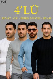 Resim Erkek Fitilli Triko Kazak 4lü Set Beyaz Bebek Mavisi Gri SiyahKalın Dokuma Pamuklu Regular Fit Bisiklet Yaka Uzun Kollu Kışlık ve Baharlık Rahat Triko Kombini 