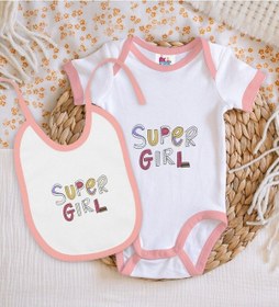 Resim Bk Kids Super Girl Tasarımlı Pembe Bebek Body Zıbın Ve Mama Önlüğ Çok Renkli 