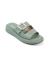 Resim Shoetek Linca Kadın Terlik Bantlı Tokalı Mint Yeşili Deri Yeşil 