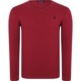 Resim T8587 Dewberry V Yaka Erkek Uzun Kol T-shırt-düz Bordo Düz Bordo 
