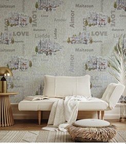 Resim Cafe Harfli Şehirli Krem 16 M2 Duvar Kağıdı 10362-1 Çok Renkli 