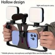 Resim 1 adet Evrensel El Tipi Mobil Telefon Sabitleyici, Döner Gimbal Tutucu, Akıllı Telefon Mikrofon Standı, Üç Soğuk Ayakkabı Genişletme Portlu ve Çoklu 1/4 Genişleme Arayüzlü Canlı Yayın Tripodu ile Kararlı Kayıt Çekimi için Dolgu Işığı, Çoğu Telefona Uyumlu, Sıcak Ayakkabı Tabanı 