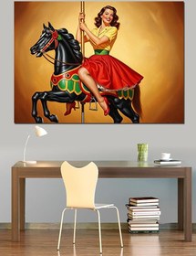 Resim Atlı Karıncaya Binen Retro Kız Dekoratif Kanvas - Mdf Ahşap Tablo 