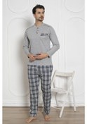 Resim Erkek Ekose Desen Likralı Pamuk Uzun Kol Kışlık İnterlok Göğüs Cepli Pijama Takımı Gri 