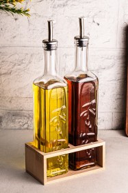Resim Snippy Olea - 2'li Ahşap Yüksek Standlı Cam Zeytinyağı Şişesi Yağdanlık Damlatmaz Yağlık Sirkelik 500ml Ahşap 