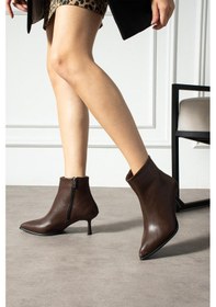 Resim Shoetek Reva Kadın Bot İnce Topuklu Fermuarlı Kahverengi Deri Kahve 