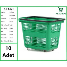 Resim Tekerlekli Plastik Market Alışveriş El Sepeti 54 Litre Yeşil 10 Adet 