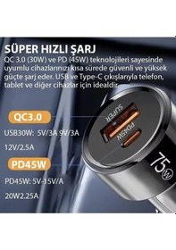 Resim Zhltools 75w 2 Portlu Usb Araç Şarj Cihazı Usb-c + Usb+a 