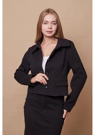 Resim Kadın Likralı Kaşe Kumaş Yakalı Cep Kapaklı Uzun Kol Düğmeli Kısa Blazer Ceket Kaban-siyah Siyah 