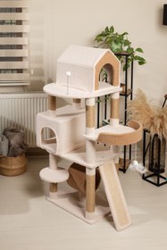 Resim Karamel Kedi Ağacı - 3 Katlı, Tırmalama Direği, Yatak Ve Oyuncaklı, Bej-kahverengi, kolay kurulum 