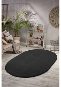 Resim Vl Comfort Puffy Ponpon Saçak Peluş Yıkanabilir Siyah Yolluk Saçaksız Oval 