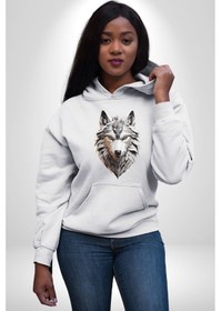 Resim Beyaz Kurt Kafası Kadın Erkek Beyaz Kapüşonlu Sweatshirt Hoodie Beyaz 