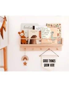 Resim Olcay Aksesuar Doğal Ahşap Montessori Kitaplık Çocuk Bebek Odası Askılık Duvar Rafı Yan Açık 
