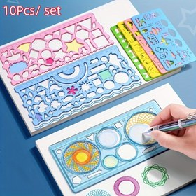 Resim 10 Parça Kendin Yap Çizim Araçları Seti, Sihirli Çiçek Cetvel Boyama Kiti, Yaratıcı Öğrenme ve Sanat Projeleri için Eğitici Plastik Şablonlar 