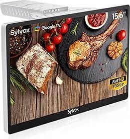 Resim SYLVOX 15,6 inç Mini Smart TV, Google TV DVB-C/T2/S2 +/-45° döndürülebilir, 1080P Full HD televizyon, 12 V TV, mutfak, yatak odası, karavan için, chromecast Google Assistant Netflix, Prime Video 