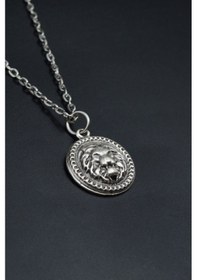 Resim Minimal Aslan Madalyon Düz Zincir Kolye Gümüş 