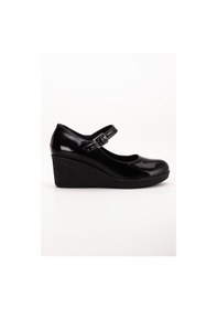 Resim Baretli Suni Deri Siyah Rugan Kadın Dolgu Taban Ayakkabı-3105 Siyah Melanj 