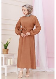 Resim Sevitli Beli Kuşaklı Luna Tesettür Elbise-taba-4889 Taba 
