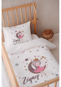 Resim %100 Pamuk Saten Isme Özel Isimli 100x150 Bebek Yatak Nevresim Seti Prenses 