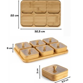 Resim Porsima PBT-692 Bambu Ahşap 6lı Kapaklı Kahvaltılık ve Çerezlik Seti - Tepsili Sunumluk 