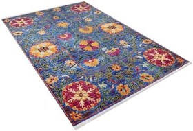 Resim 140x200 cm Sarapul Mavi Çiçekli Yün El Dokuma Modern Geometrik Etnik Eskitme Desenli Boho Oturma Odası Salon Yolluk Koridor Mutfak Halısı 
