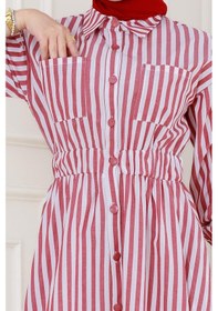 Resim Sevitli Çizgili Cepli Tesettür Elbise-bordo-5133 Bordo 