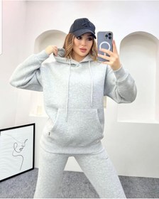 Resim jeneric Gri Melanj Kapüşonlu Kanguru Cepli Oversize Lastik Paça İçi Polarlı Kadın Eşofman Takımı 