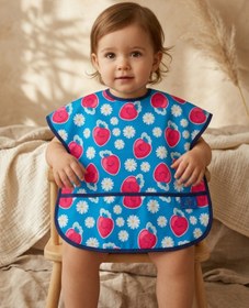 Resim Babydonat Berry Joy Sıvı Geçirmez Cepli Bebek Mama Önlüğü - Mavi Çilek ve Papatya Desenli, Leke Tutmaz Ek Gıda 