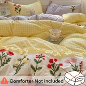 Resim Düğmeli Küçük Çiçekli + Volanlı Nevresim Yatak Takımı 4 Parça Set Sarı Ekose + Renkli Çiçek Desenli Düz Yatak 4 Parça Set (1 Nevresim Kılıfı + 1 Düz Yatak + 2 Yastık Kılıfı) 120g Yüksek Ağırlık Yumuşak Makinede Yıkanabilir Tüm Mevsim Kullanımı Dolgu ve Yastık İçeriği Dahil Değildir 