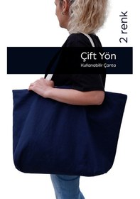Resim Çift Yön Kullanılabilen Canvas Çok Amaçlı Plaj Çanta Lacivert 