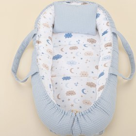 Resim Babynest ve Yastık - Çift Taraflı - Bebe Mavi Petek - Mavi Bulut 