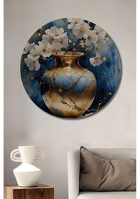 Resim Zarif Beyaz Çiçekler Sulu Boya Görünümlü Ahşap Tablo Yuvarlak Duvar Tablosu--- 30 X 30 