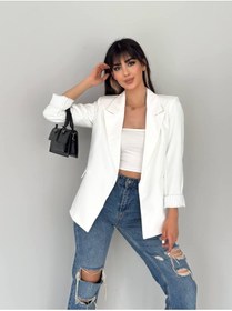 Resim han fashion Kadın Beyaz Kruvaze Yaka Cepli Astarlı Katlanabilir Kol Blazer Ceket 