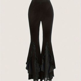 Resim Dantel Detaylı Volan Uçlu Pantolon, Zarif Kloş Kollu Dar Bel Pantolon Bahar ve Sonbahar İçin, Kadın Giyim 