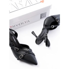 Resim Divolya Pony Siyah ( 8 cm Topuklu ) Sivri Burun Kapalı Tokalı Arkası Açık Stiletto Ayakkabı 