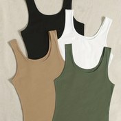 Resim Solid Color 4 Paket Tank Topları, Yaz için Rahat Kolsuz Tank Topu, Kadın Giyim 
