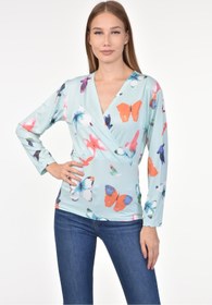 Resim DRR Moda Mikro Kumaş V-yaka Kelebek Desenli Bluz 