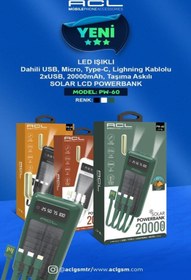 Resim ACL Pw-60 Led Işıklı Usb Mikro Type-c Lighning Kablolu 2xusb 20000mah Powerbank 