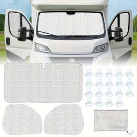 Resim FIAT Ducato, PEUGEOT Boxer, Citroen Relay (2006-2022) için Su Geçirmez ve UV Koruma Sağlayan 7 Katmanlı Alüminyum Folyo Karavan Güneşlik Perdeleri - Yan Ayna Kapakları ve File Saklama Çantası Dahil, Seyahat Gizlilik Ekranları | Dikişli Dokulu Tasarım | Su Geçirmez Perdeler 