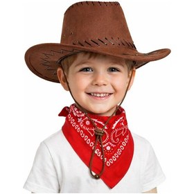 Resim Techmrt Çocuk Kovboy Şapka Kahverengi &amp Kırmızı Bandana Seti 