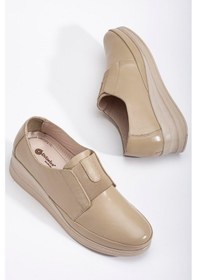 Resim Dilimler Ayakkabı Hakiki Deri Ortopedik Kadın Dolgu Topuklu Ayakkabı Bej Elastik Bantlı Bağsız-3304 Bej 