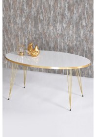 Resim Zigon Sehpa Ve Orta Sehpa Elips Set Gold Beyaz Tel Ayak 