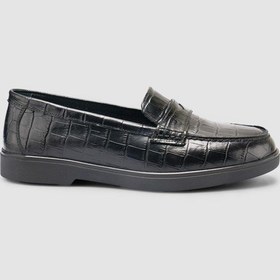 Resim %100 Hakiki Deri Siyah Croco Desen Kadın Loafer Siyah 