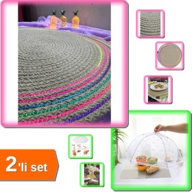 Resim Hereveoyuncak 39 cm Neon Renkli Şeritli Jüt Örme Supla Amerikan Servis + Yemek Koruma Şemsiyesi - 2li Set W3B1Z7 