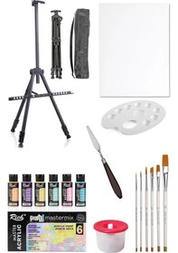 Resim Rich Mastermix Akrilik Boya Seti 6 Pastel Renk 3 Ayaklı Şövale 35x50 Tuval Metal Şövale Metal Spatül 