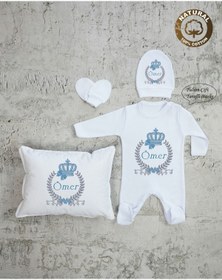 Resim yzc home size dair... E116 Ty Isme Özel Isimli Baskılı Bebek Yastık Tulum Şapka Eldiven Set Hastane Çıkışı 